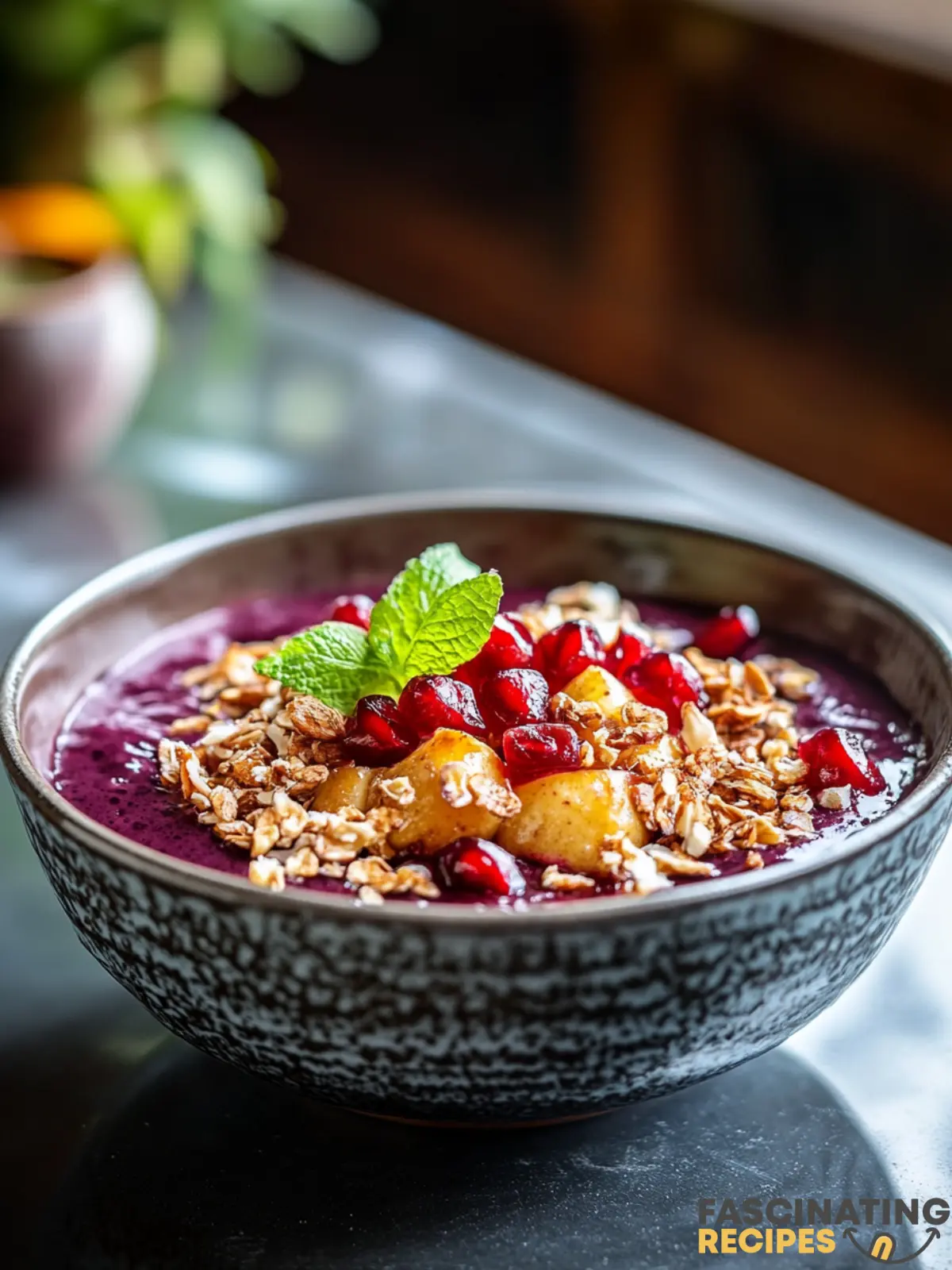 Vibrant Pomongranate Acai Bowl with Fresh Toppings in kitchen for wp recipe