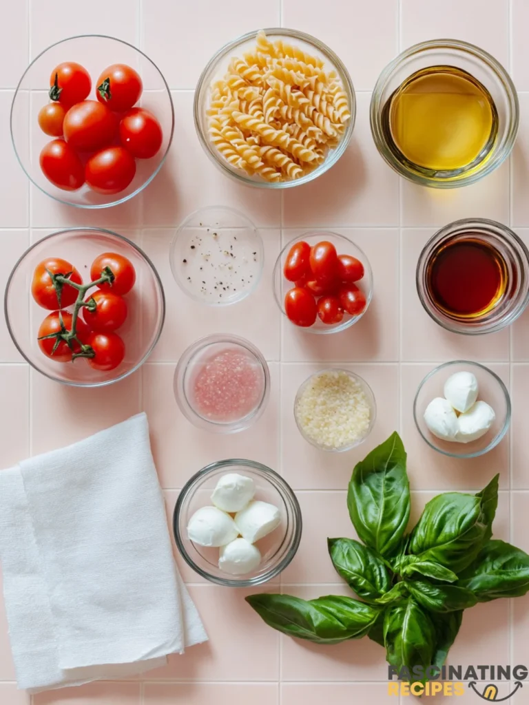 Fresh ingredients for pasta salad Caprese Pasta Salad Ingredients