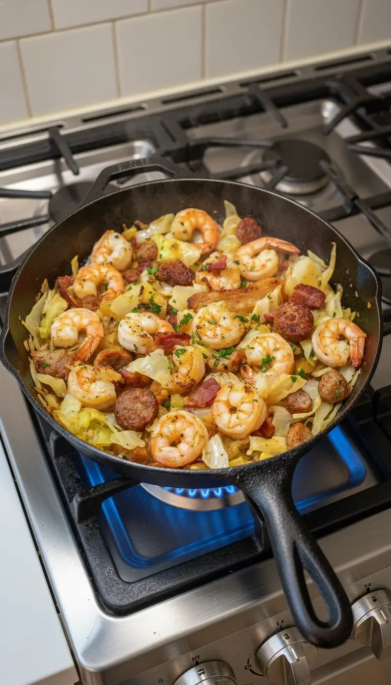 Fried Cabbage with Shrimp, Sausage & Bacon