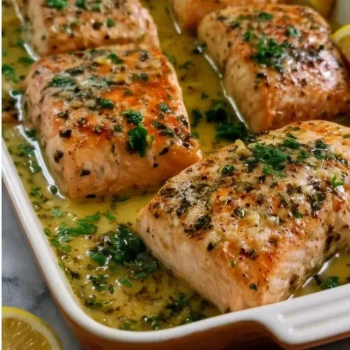 Garlic butter salmon seafood bake