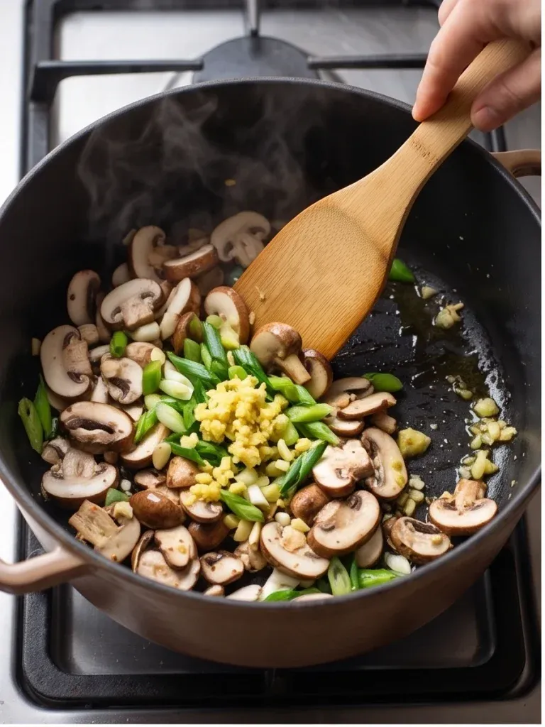 Sautéing sliced mushrooms with ginger, garlic, and green onions in a pot for ginger garlic mushroom noodle soup