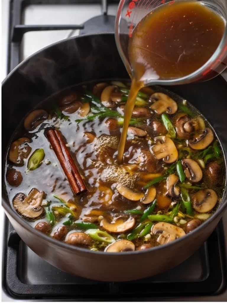Pouring vegetable broth into a pot of mushrooms with a cinnamon stick - photo 2