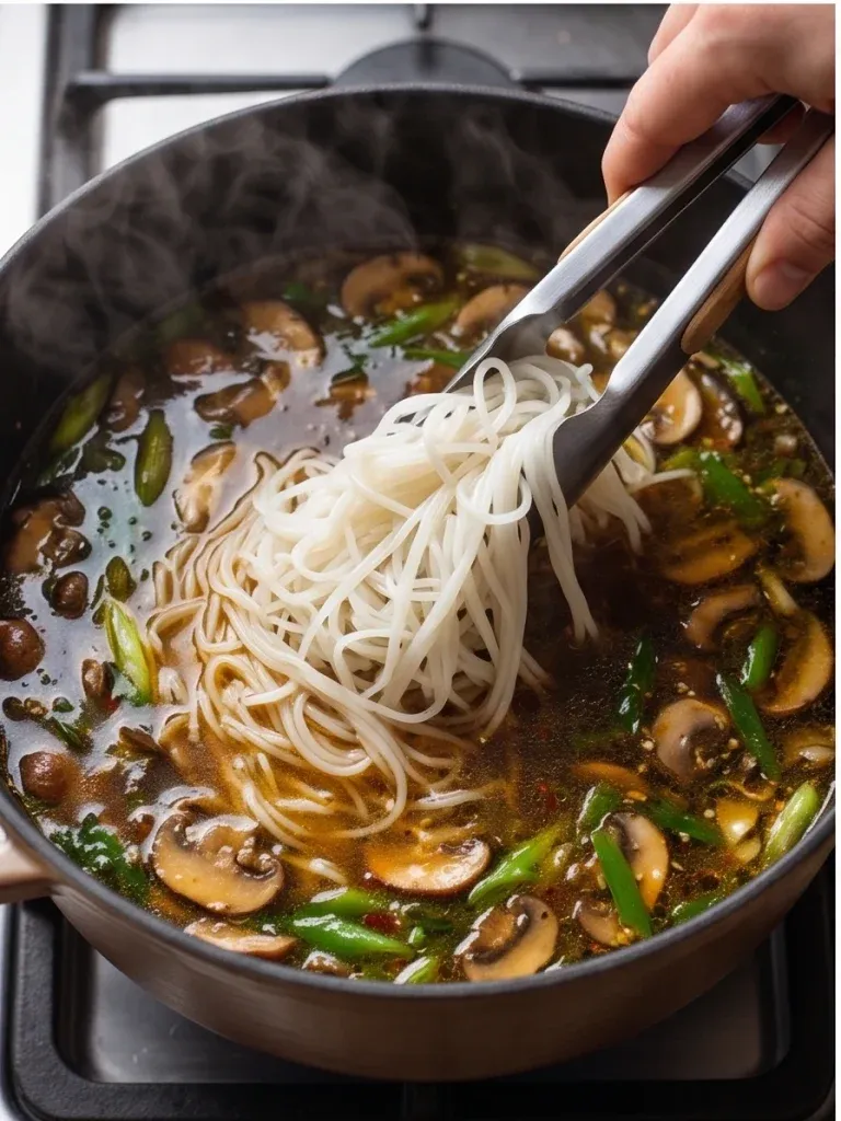 Adding cooked rice noodles to mushroom soup with tongs - photo 3