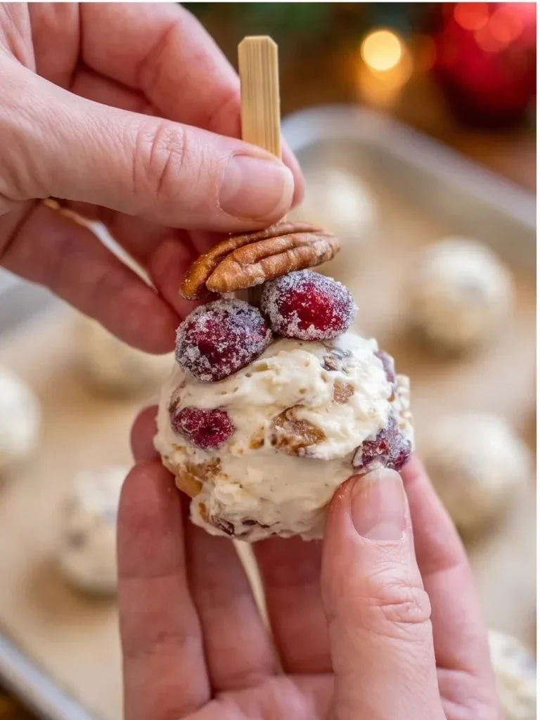 Assembling a cream cheese ball skewer with sugared cranberries and a pecan half - photo 3