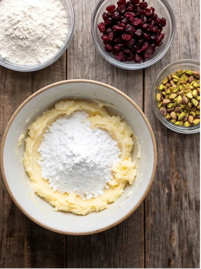 Creaming butter and powdered sugar with chopped cranberries and pistachios for refrigerator cookies
