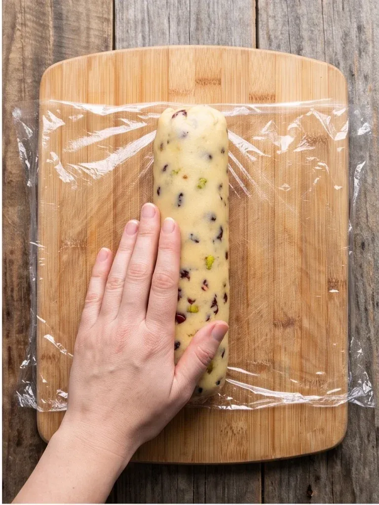 Wrapping a cranberry pistachio cookie dough log in plastic wrap - photo 2