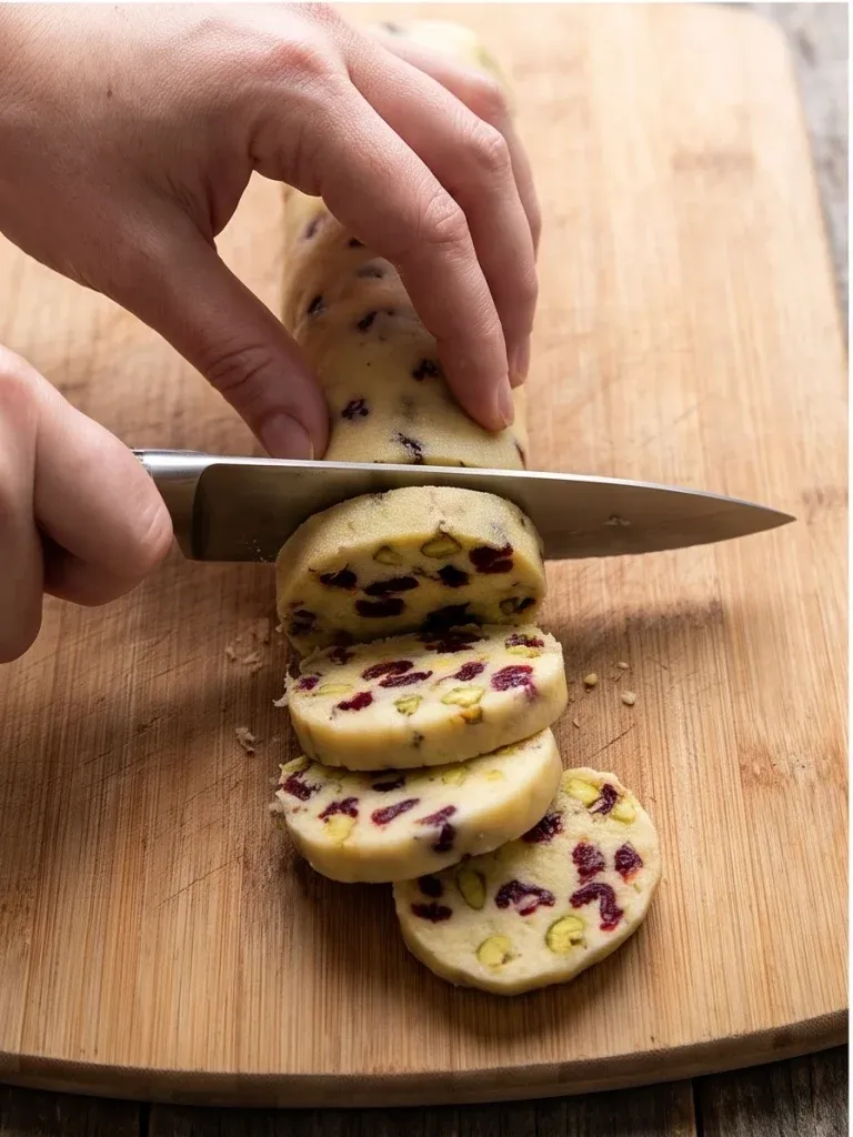 Slicing chilled cranberry pistachio cookie dough into rounds - photo 3