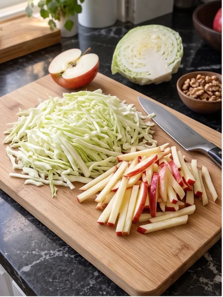 Thinly sliced cabbage and apple matchsticks on a cutting board for creamy cabbage apple and nut salad