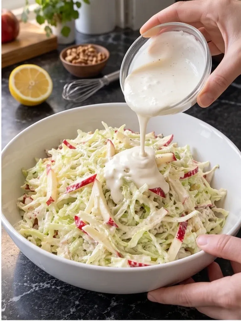 Pouring creamy yogurt dressing over cabbage and apple salad - photo 2