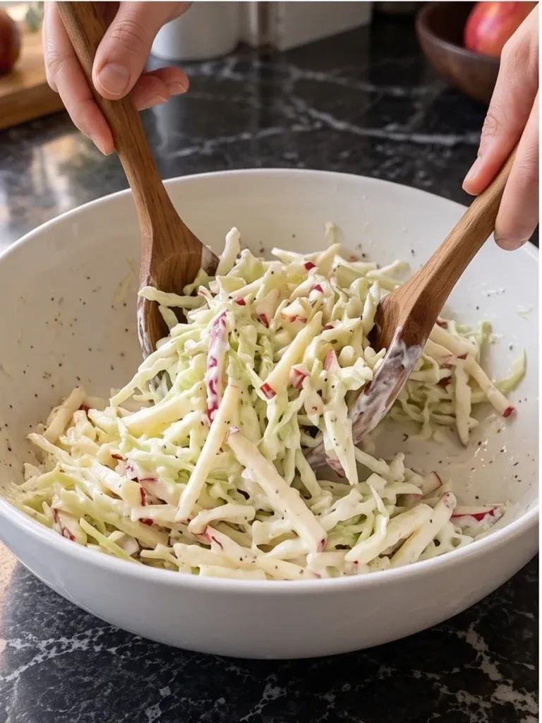 Tossing cabbage and apples with creamy dressing in a large bowl - photo 3