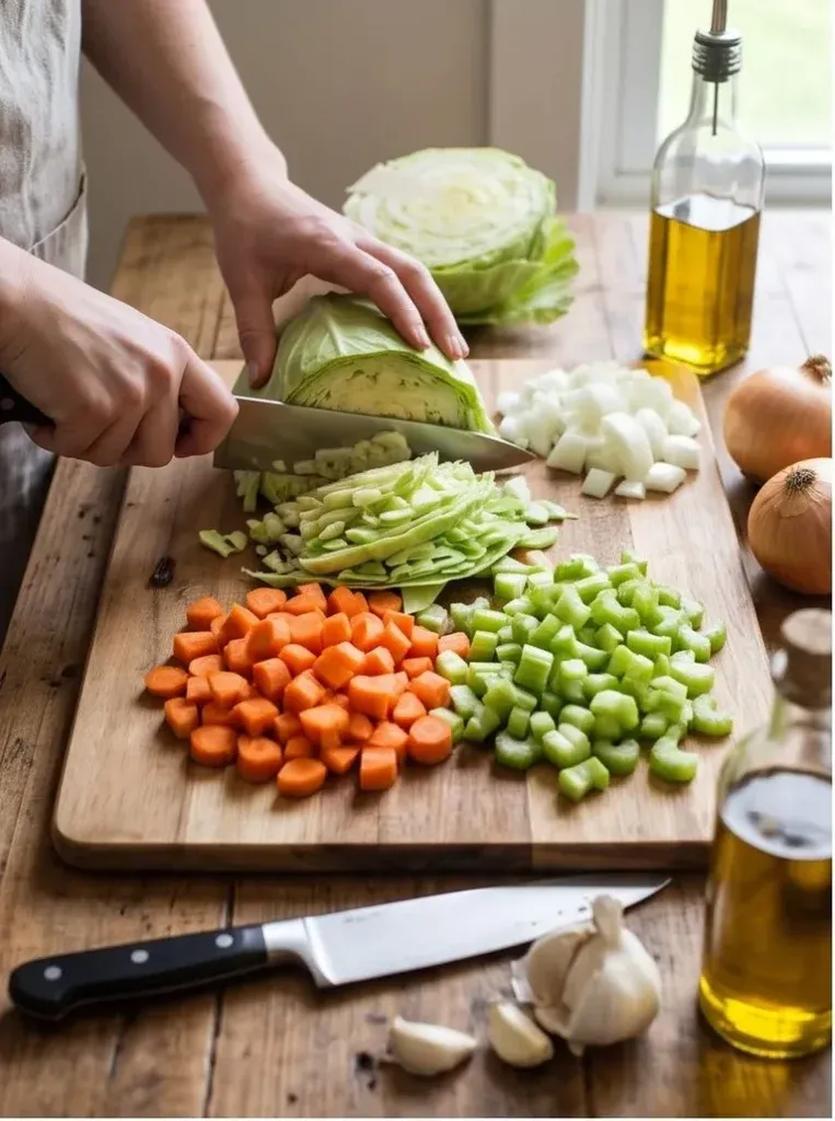 Chopped cabbage, carrot, celery, onion, and garlic on a cutting board for creamy cabbage soup
