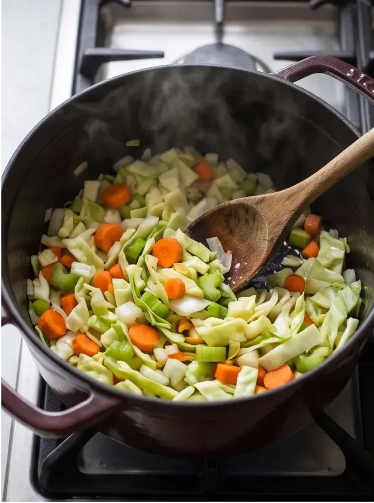 Cabbage, carrots, and celery simmering in broth in a pot - photo 2