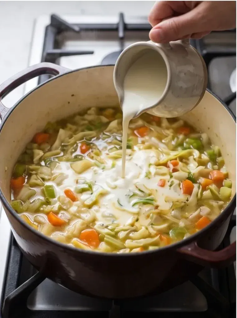 Pouring heavy cream into a pot of cabbage soup - photo 3