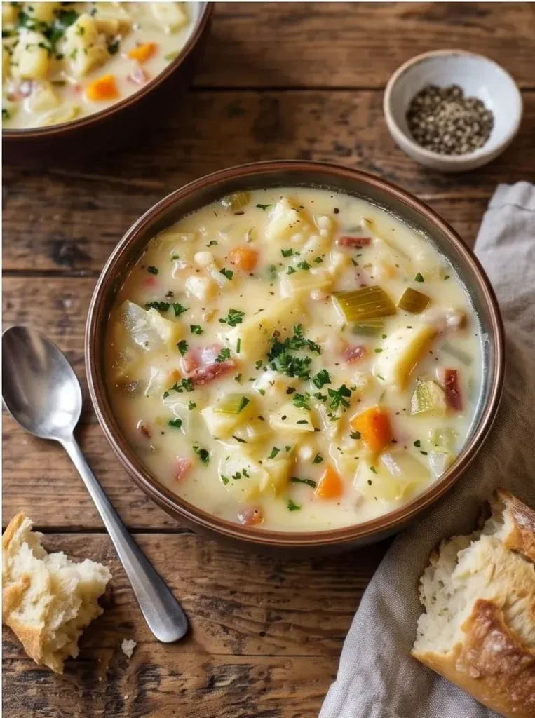 Bowl of creamy cabbage soup garnished with parsley and served with crusty bread - photo 4