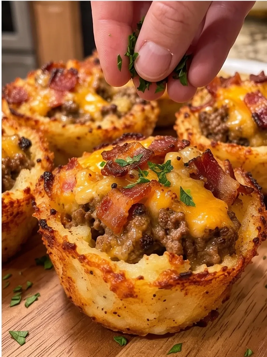 Crispy garlic parmesan bacon cheeseburger mashed potato cups on a wooden board