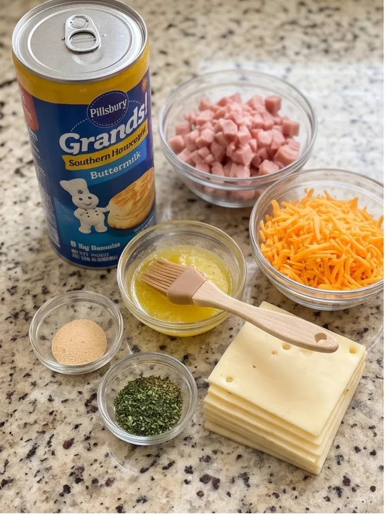 Refrigerated biscuits, diced ham, shredded cheddar, Swiss cheese, and seasoned butter for a ham and cheese pull-apart biscuit ring