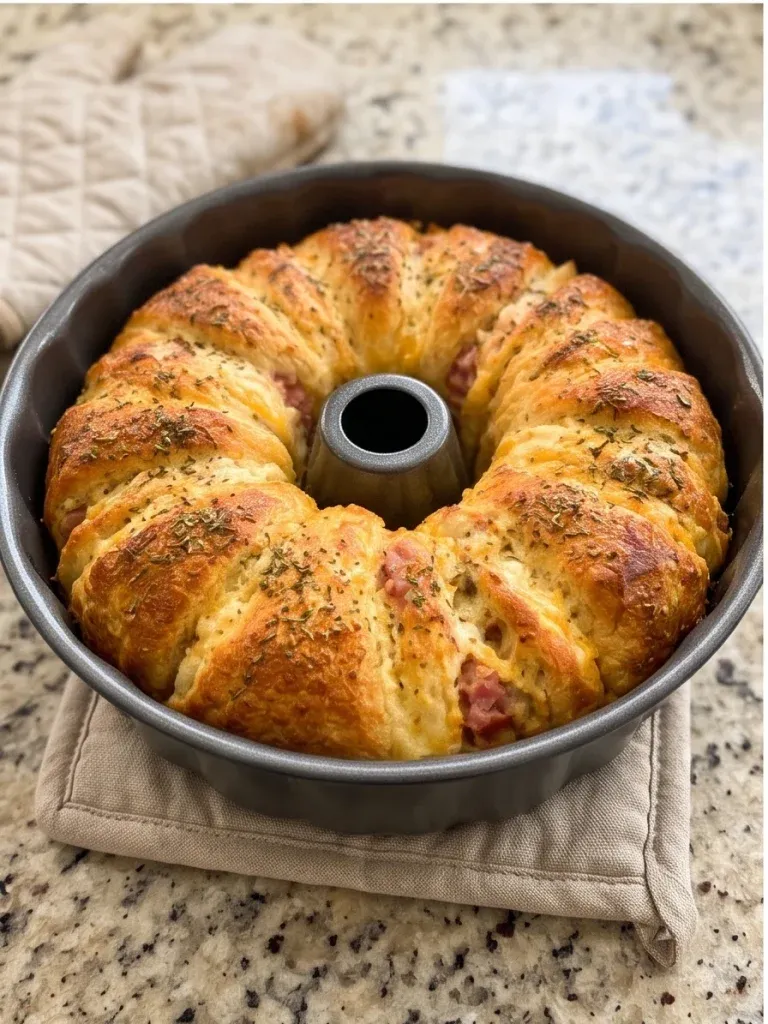 Golden baked ham and cheese biscuit ring in a Bundt pan - photo 3