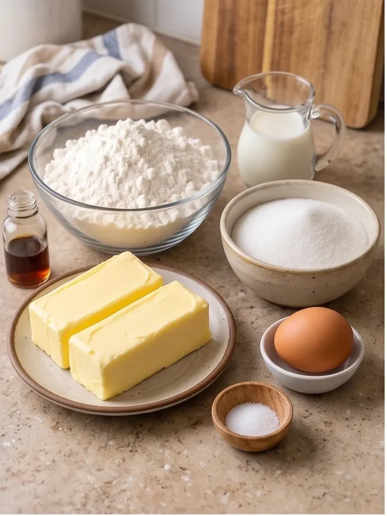 Butter, sugar, flour, egg, vanilla, and milk ready for homemade butter cookies