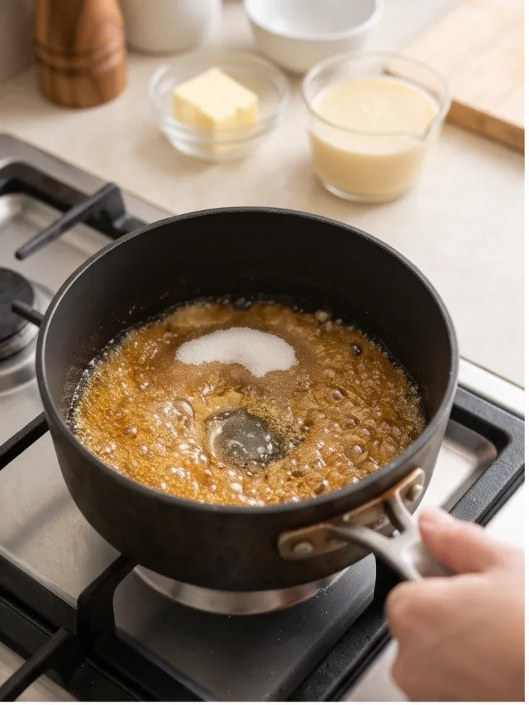 Sugar and water caramelizing to golden amber in a saucepan for homemade caramel milk candy