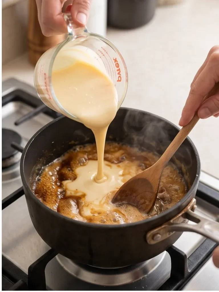 Pouring sweetened condensed milk into caramelized sugar - photo 2