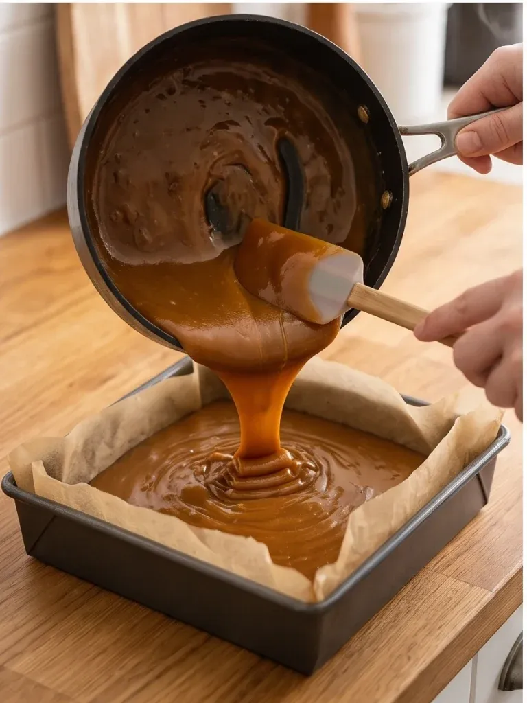 Pouring hot caramel into a parchment-lined square pan - photo 3