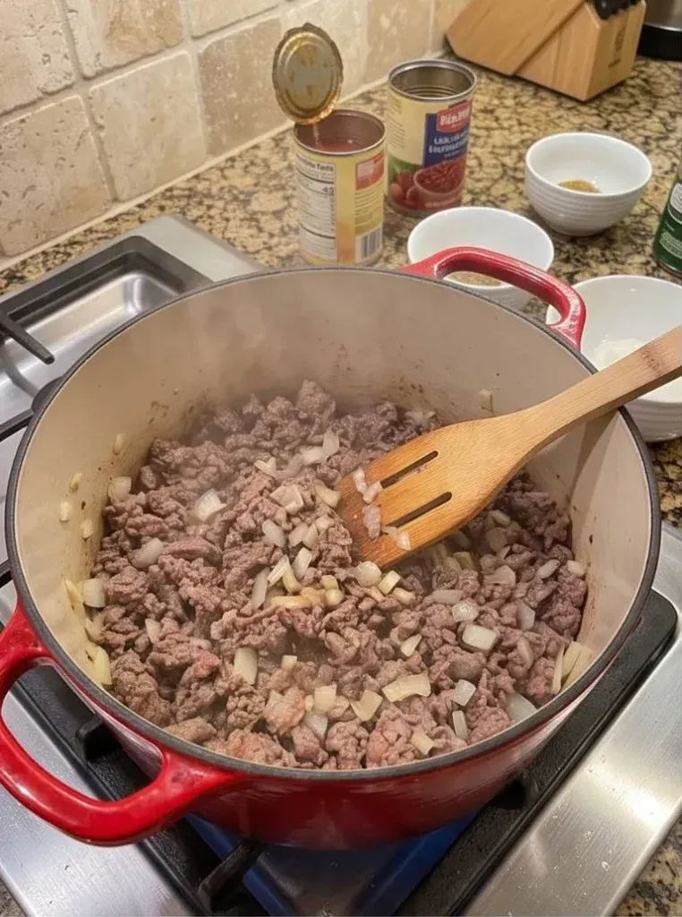 Browned ground beef and onion cooking in a red Dutch oven for homemade beef chili
