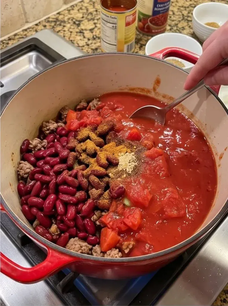 Kidney beans, diced tomatoes, tomato sauce, and chili seasoning added to ground beef in a pot - photo 2