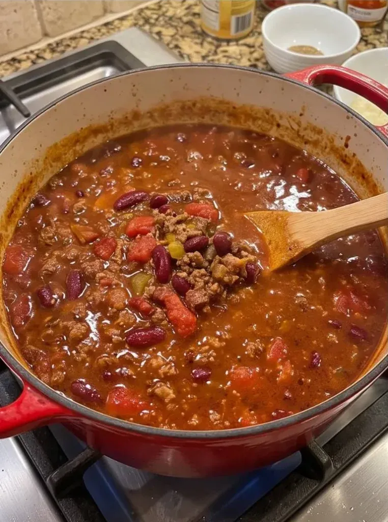 Thick simmered beef chili with kidney beans in a red pot - photo 3