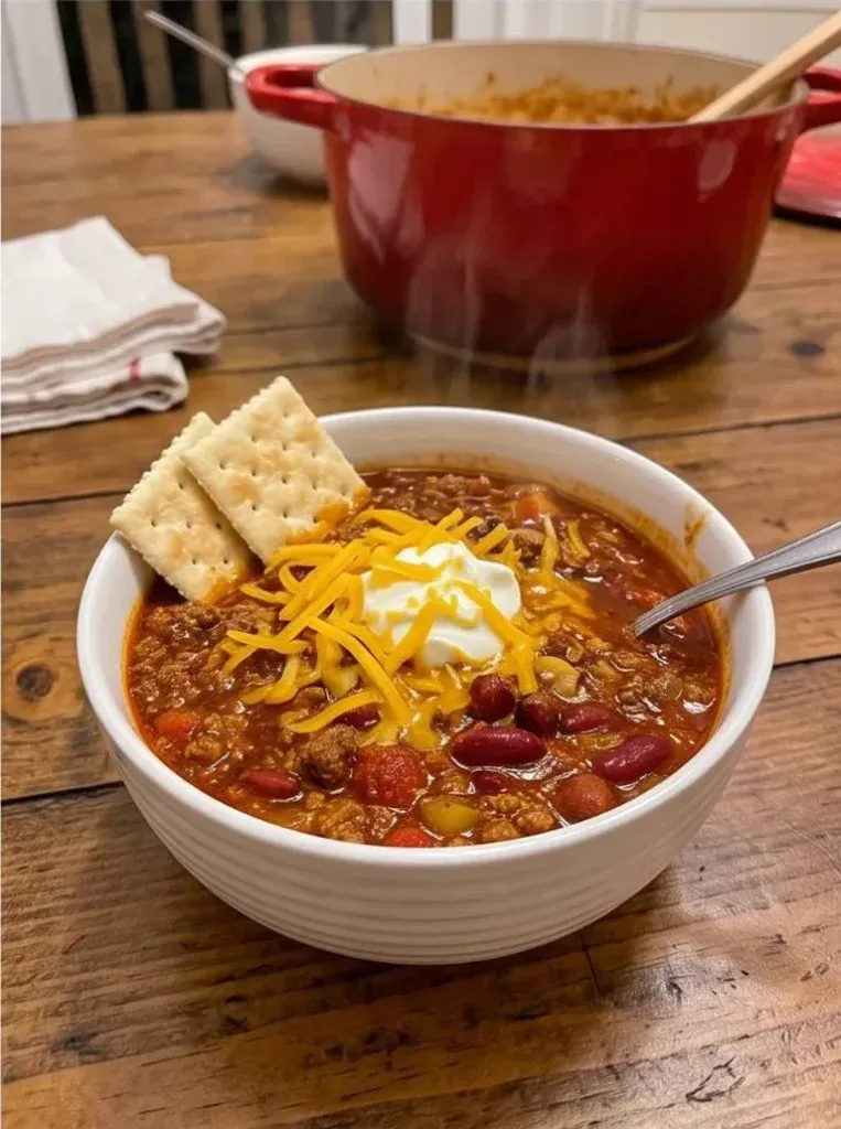 Bowl of homemade beef chili topped with cheddar, sour cream, and crackers - photo 4
