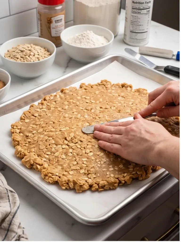 Pressing peanut butter oat dough onto a parchment-lined baking sheet for lunch lady peanut butter bars