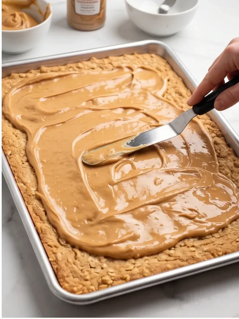 Spreading a creamy peanut butter layer over the baked oat base - photo 2