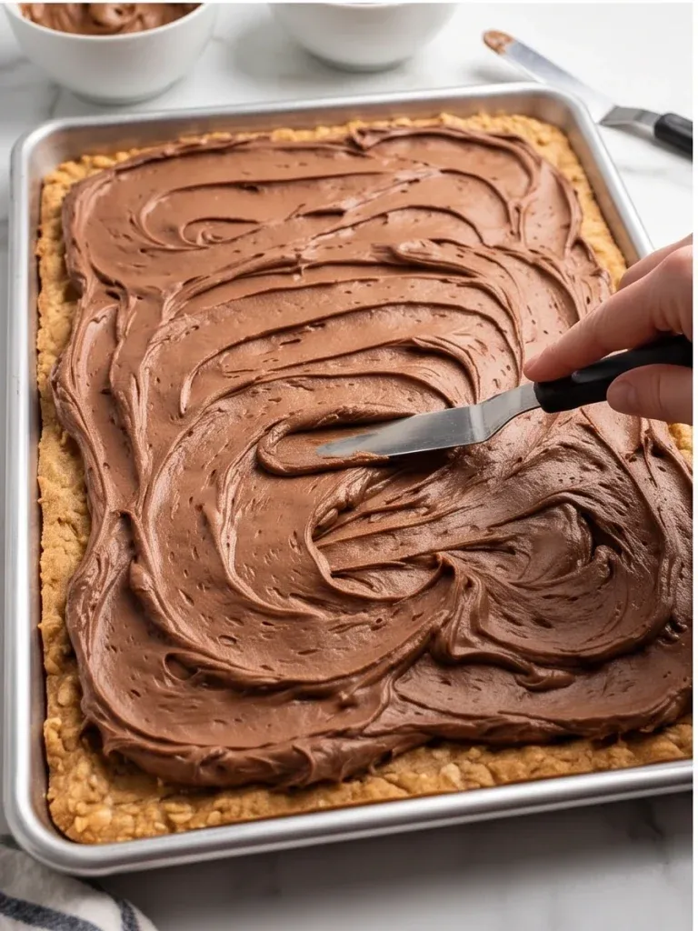 Spreading chocolate frosting over peanut butter bars - photo 3