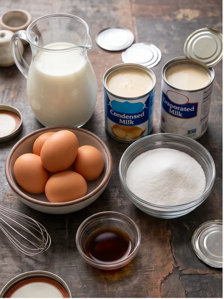 Sweetened condensed milk, evaporated milk, eggs, sugar, and vanilla for mini condensed milk flans