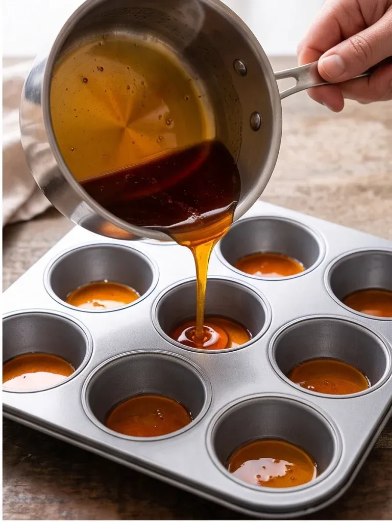 Pouring hot amber caramel into muffin tin cups - photo 2