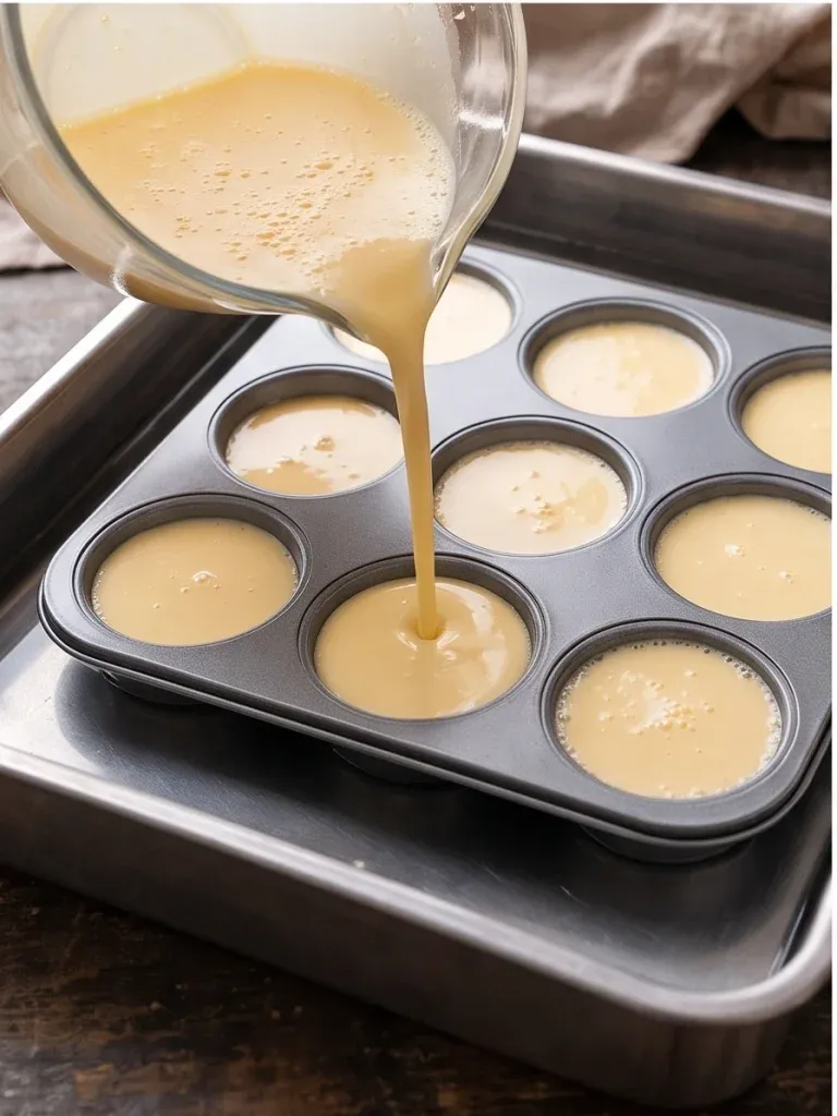 Pouring custard into caramel-lined muffin cups set inside a water bath pan - photo 3