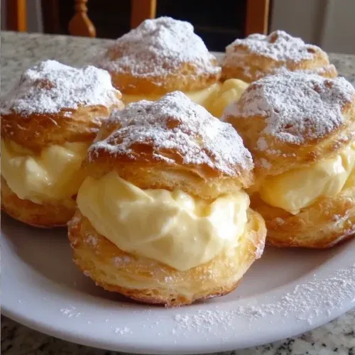 Homemade cream puffs dusted with powdered sugar