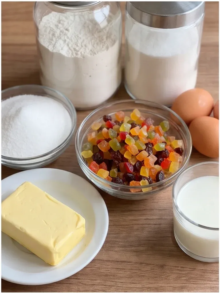 Flour, sugar, butter, eggs, milk, and colorful candied fruit for old-fashioned candied fruit cake