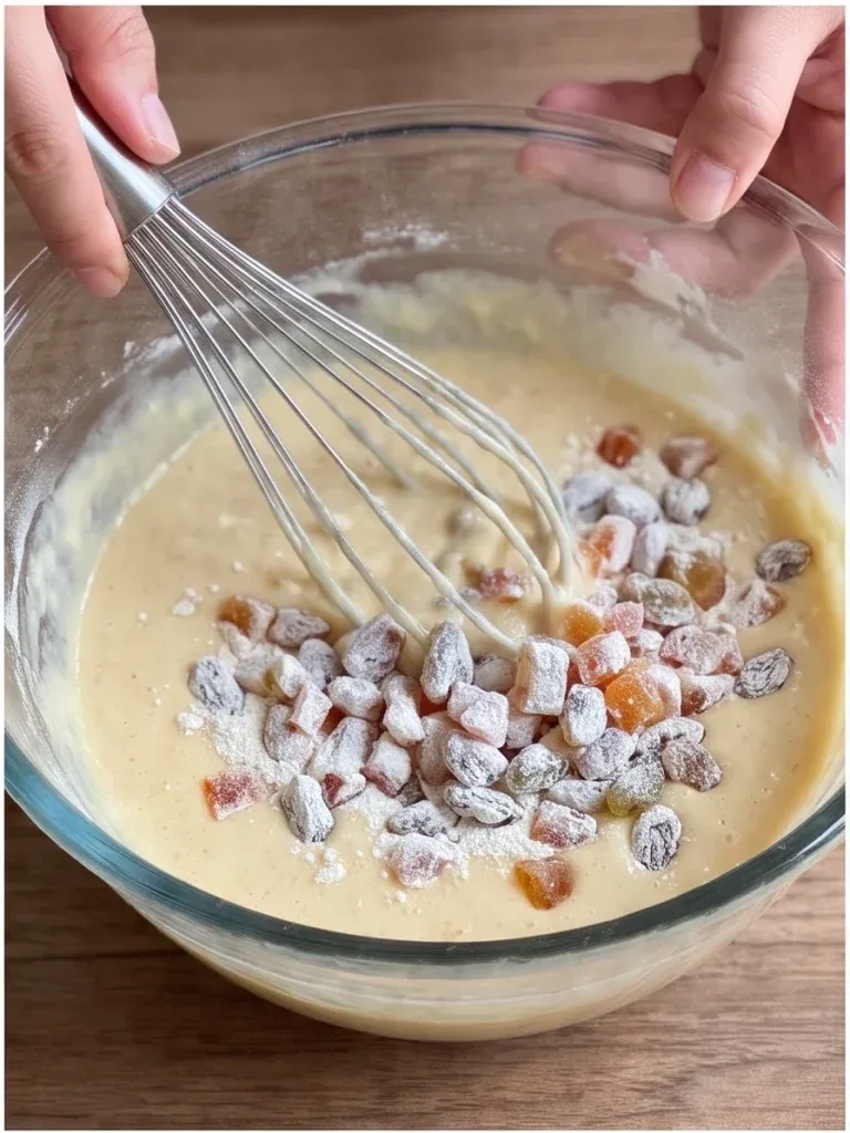 Folding flour-coated candied fruit into cake batter in a glass bowl - photo 2