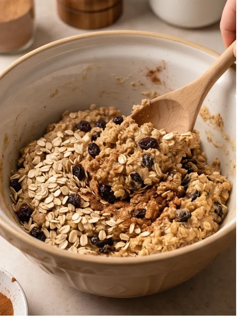 Stirring rolled oats and raisins into oatmeal raisin cookie dough in a mixing bowl