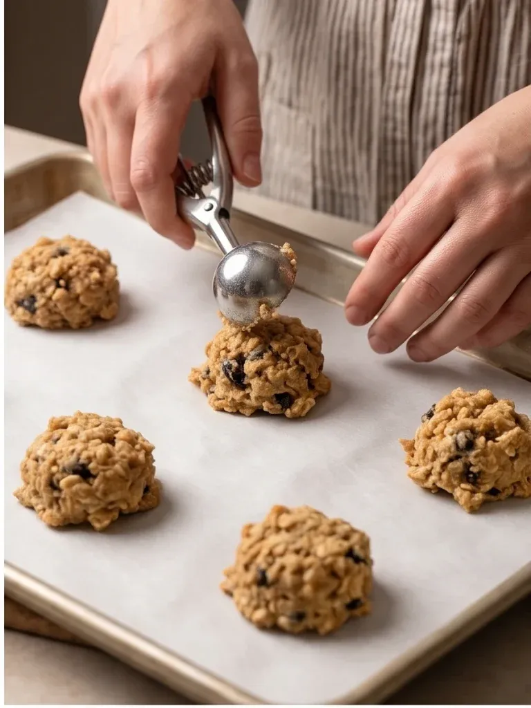 Scooping oatmeal raisin cookie dough onto a parchment-lined baking sheet - photo 2