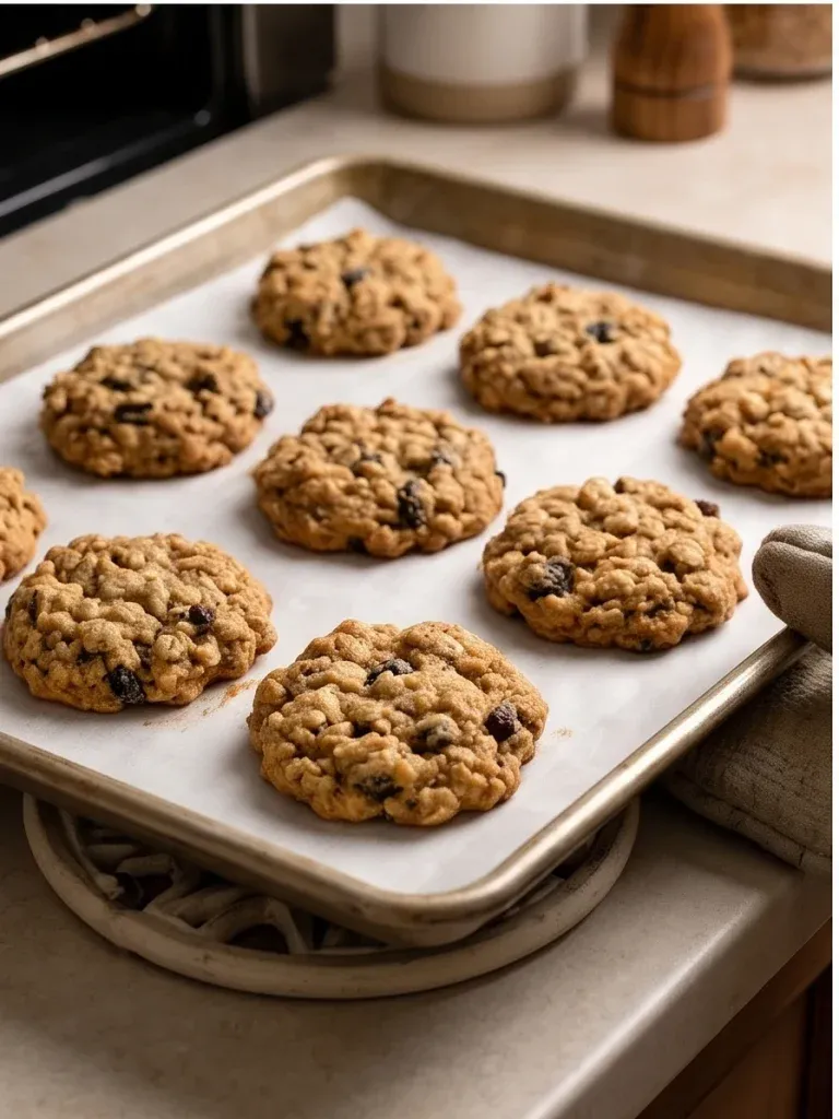 Baked oatmeal raisin cookies on a baking sheet - photo 3