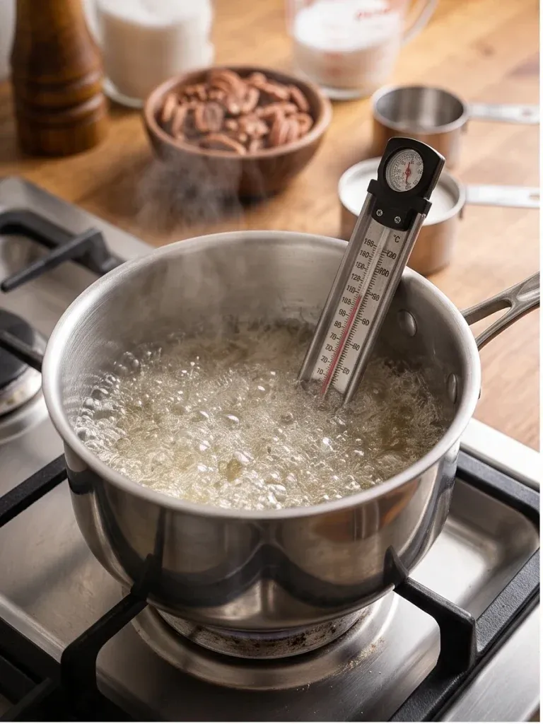 Sugar syrup boiling in a saucepan with a candy thermometer for pecan divinity candy