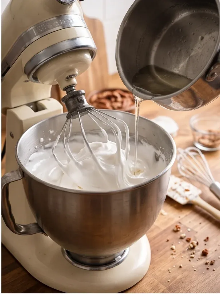Pouring hot sugar syrup into whipped egg whites in a stand mixer - photo 2