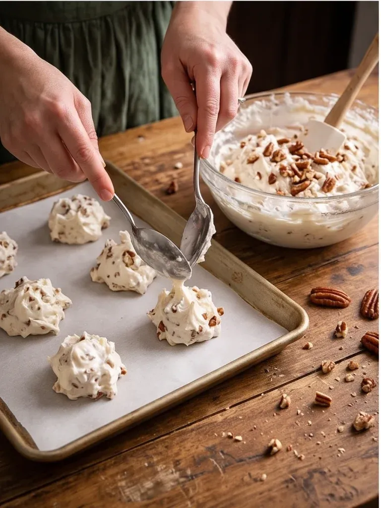 Dropping spoonfuls of pecan divinity onto a parchment-lined baking sheet - photo 3