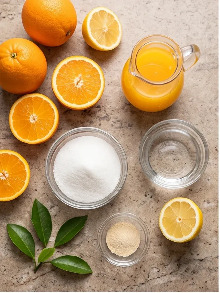 Fresh oranges, orange juice, sugar, lemon, and gelatin for orange jelly candy