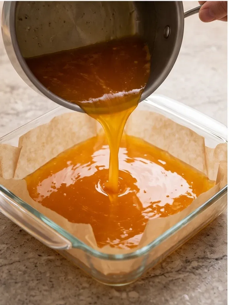 Pouring orange jelly mixture into a parchment-lined glass dish - photo 3