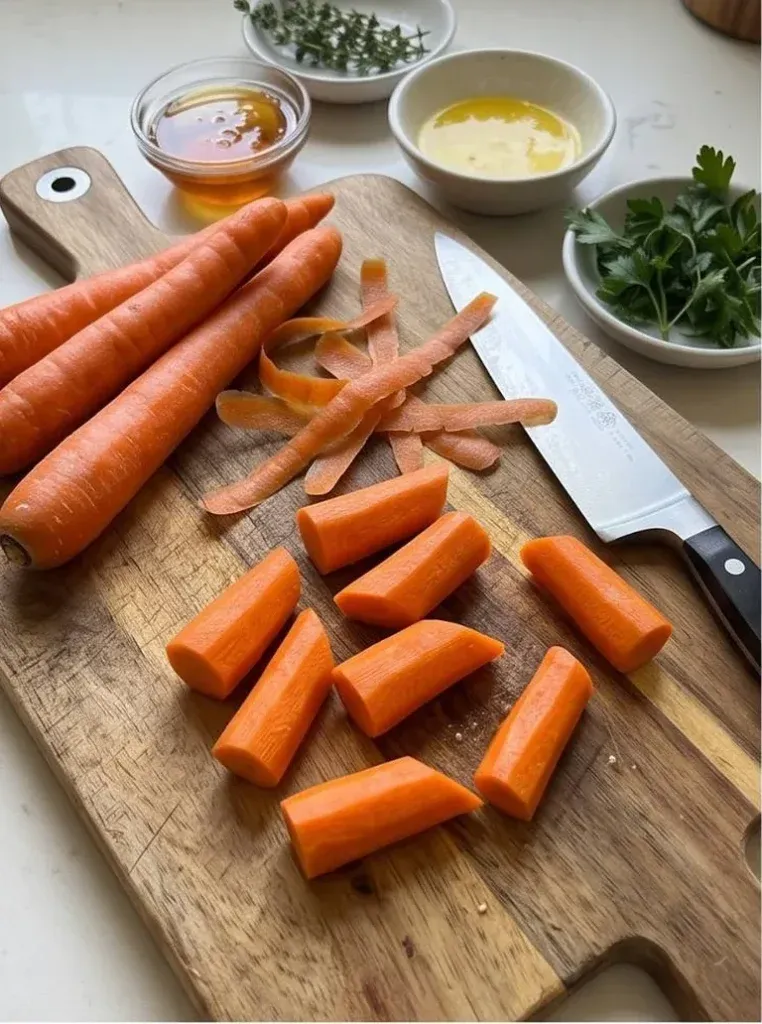 Peeled carrots cut into even pieces on a wooden cutting board for roasted honey-glazed carrots
