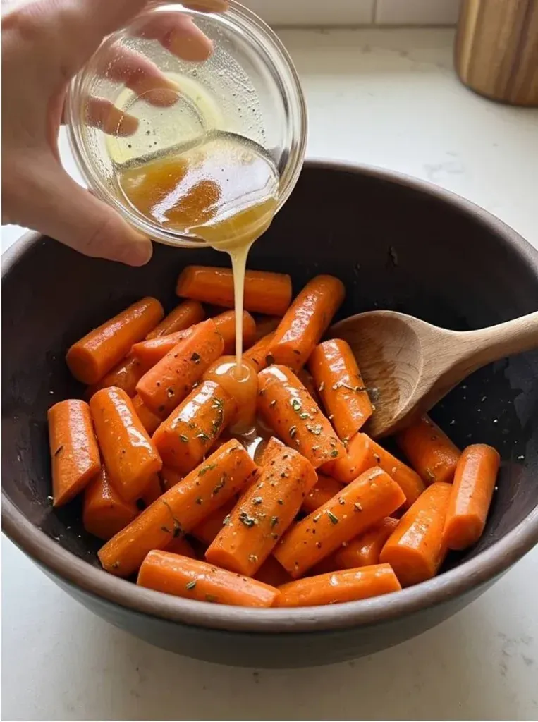 Pouring honey-butter glaze over cut carrots in a bowl - photo 2