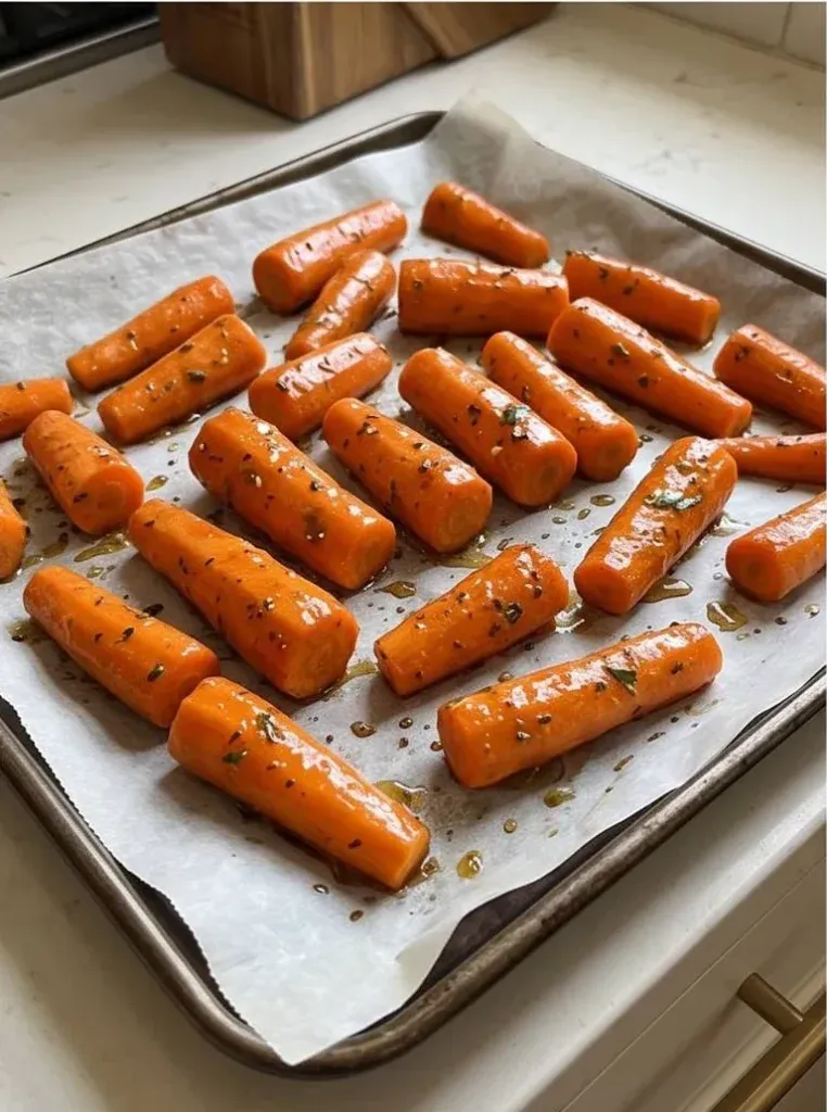 Glazed carrots spread on a parchment-lined baking sheet ready to roast - photo 3
