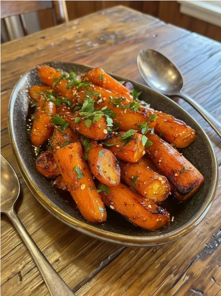 Roasted honey-glazed carrots garnished with parsley in a serving dish - photo 4